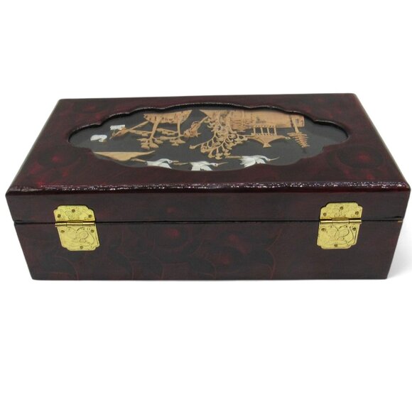 Asian Wooden JEWELRY BOX with 3D Cork Pagoda and Crane Birds Lacquered 9 Inches - Picture 3 of 11
